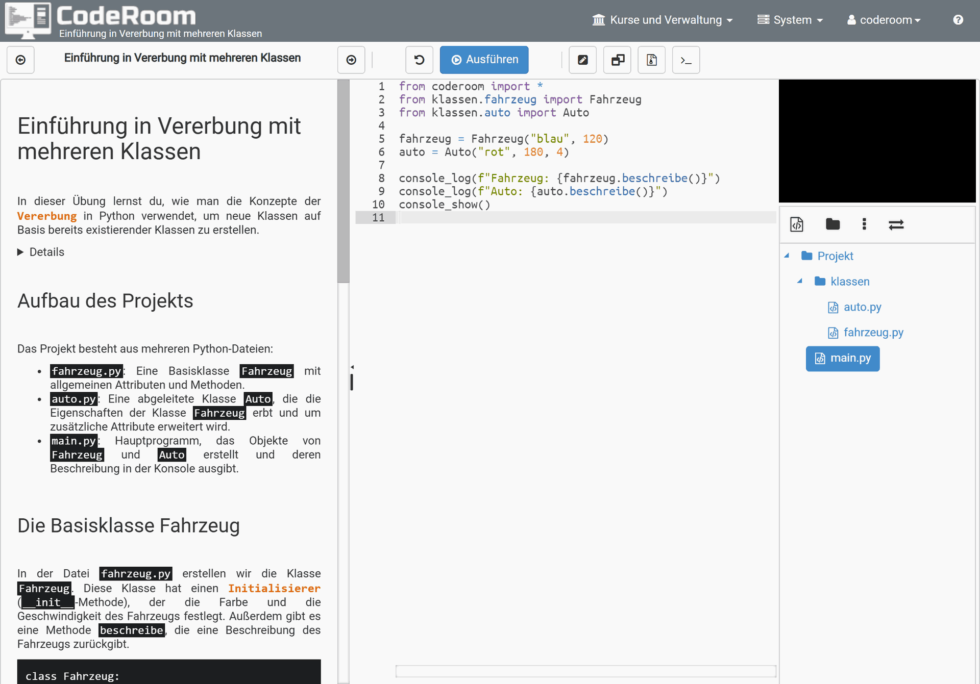 Ein Screenshot von CodeRoom. Zu sehen ist eine Programmieraufgabe und der Code dazu daneben sowie das Ergebnis.