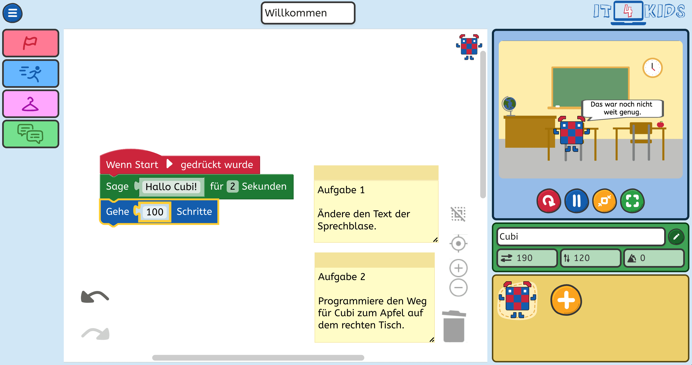 Ein Screenshot von Cubi. Zu sehen sind Bausteine, die dazu führen sollen, dass eine Figur Handlungen vollzieht.