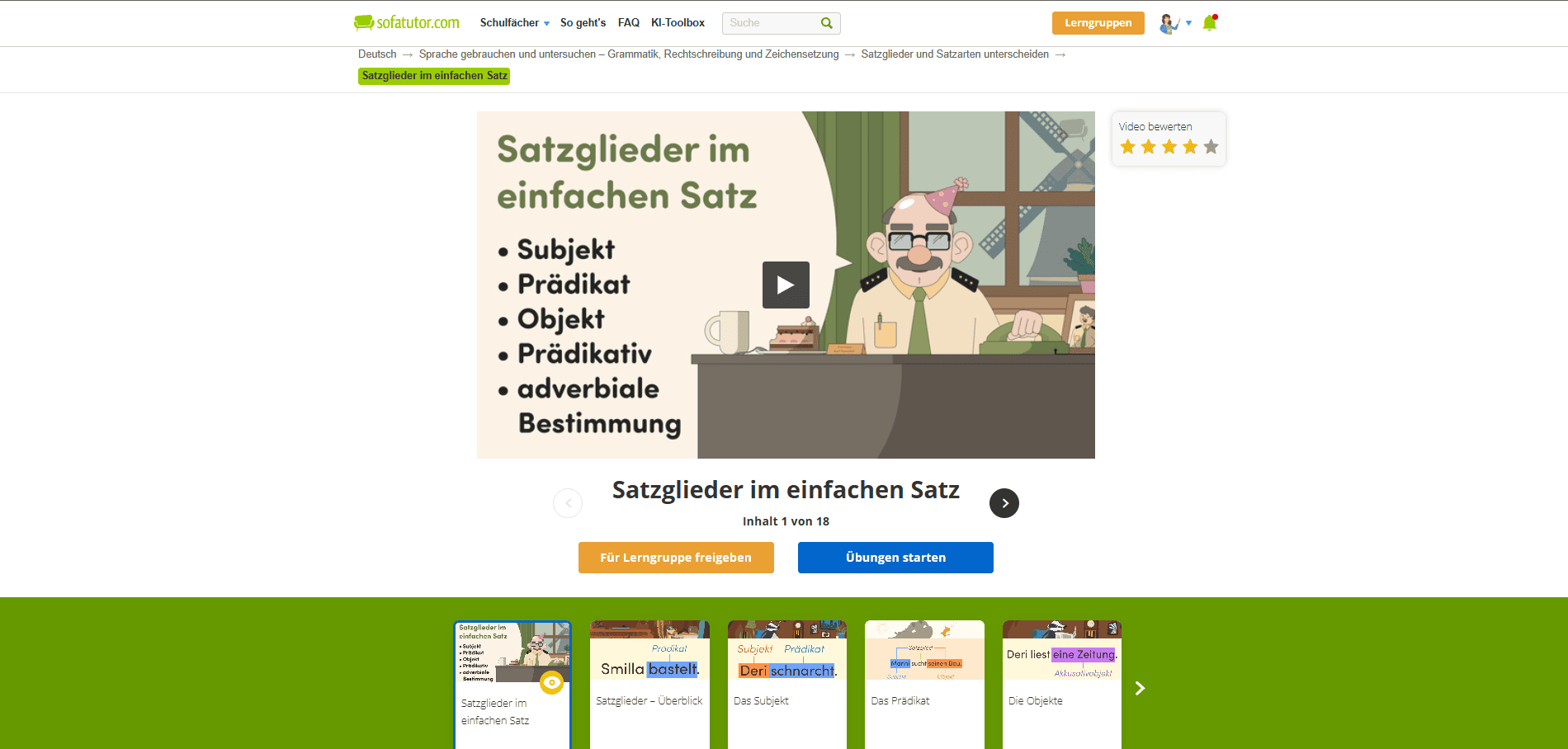 Ein Screenshot von sofatutor. Zu sehen ist ein Erklärvideo zu Satzgliedern.