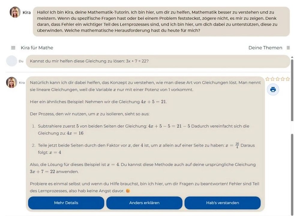 Screenshot von einem Chat mit der KI-Tutorin Kira im Schülerhilfe Online-Lerncenter.