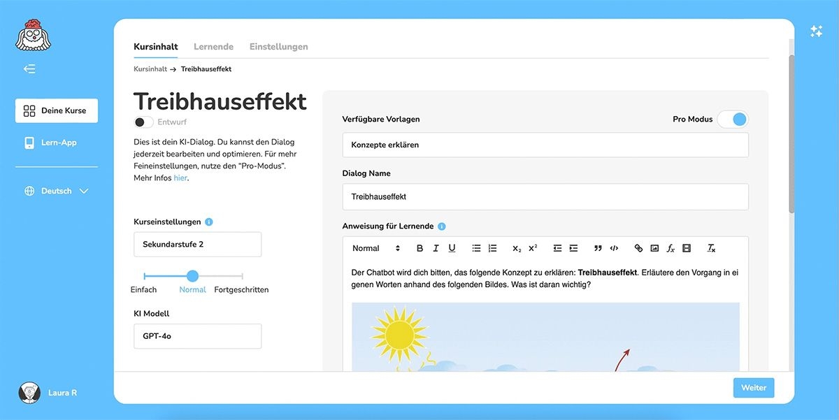Ein Screenshot von der App Brian. In der Lehreransicht ist ein Kursinhalt zum Thema Treibhauseffekt zu sehen.