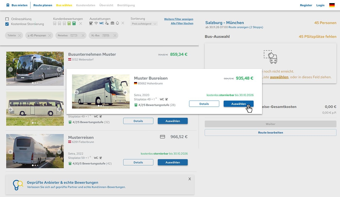 Ein Screenshot von einer Ergebnisseite von busfinder. Es sind verschiedene Angebote zu sehen. Bei den Angeboten sind Schulrabatte eingetragen.