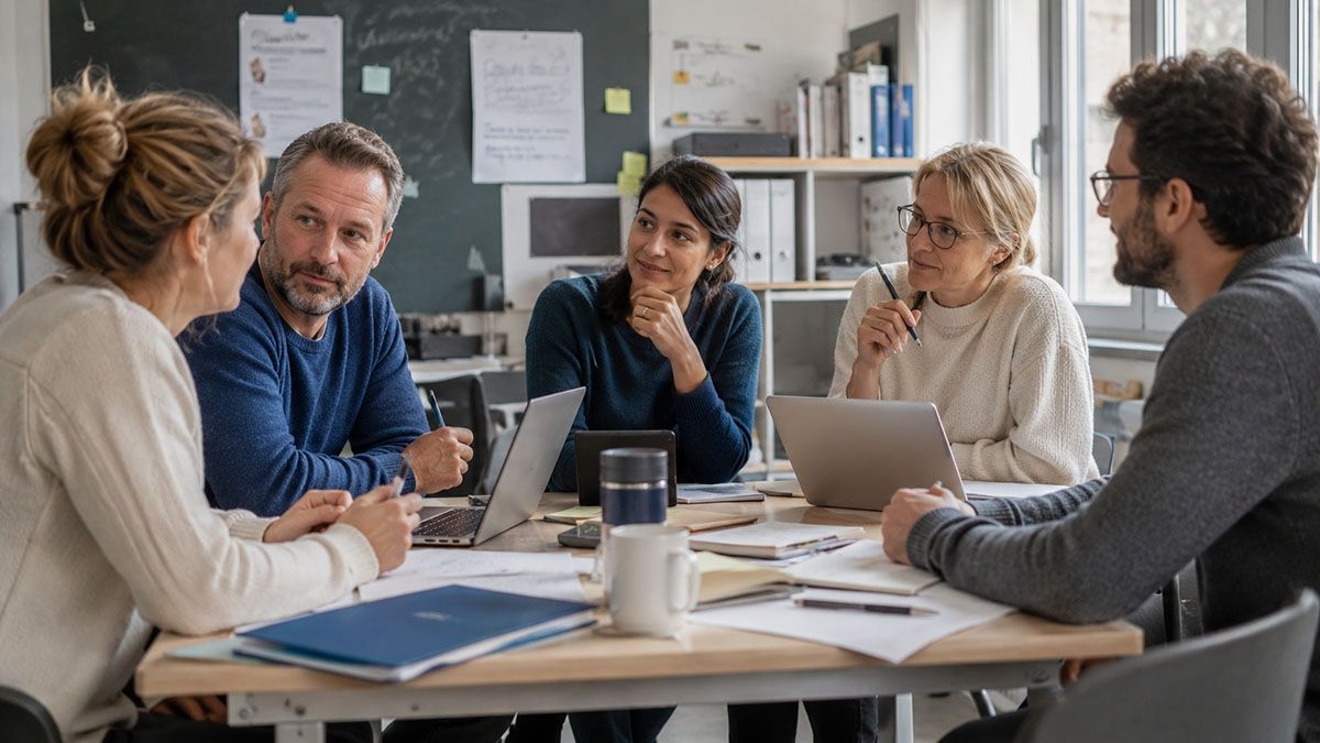 Fünf Lehrkräfte sitzen im Lehrerzimmer, diskutieren und halten digitale Endgeräte in der Hand.