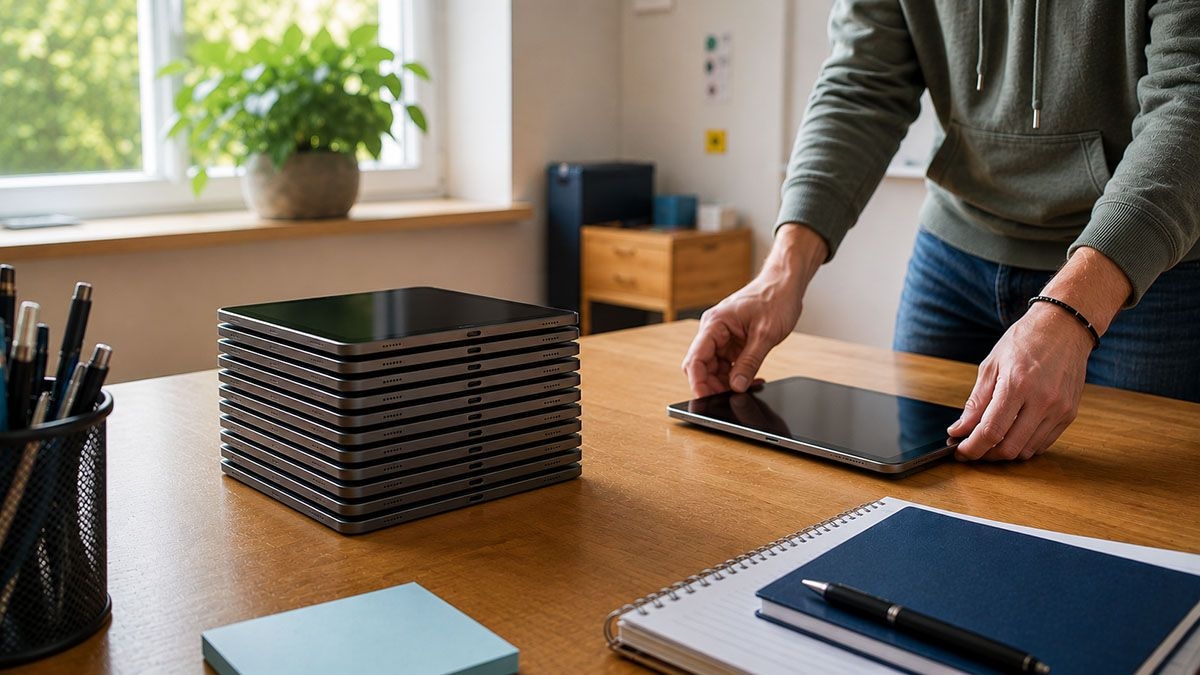 Ein Lehrer hält ein Tablet in der Hand. Auf seinem Schreibtisch liegt ein Stapel weiterer Tablets.